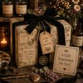 A rustic, cozy gift box wrapped in beige floral-patterned paper with a large black velvet ribbon and hanging vintage-style key charm. A printed card reading 'A Gift Experience for Two!' sits beside it on a wooden surface, surrounded by candles, bottles, flowers, and decorative props.