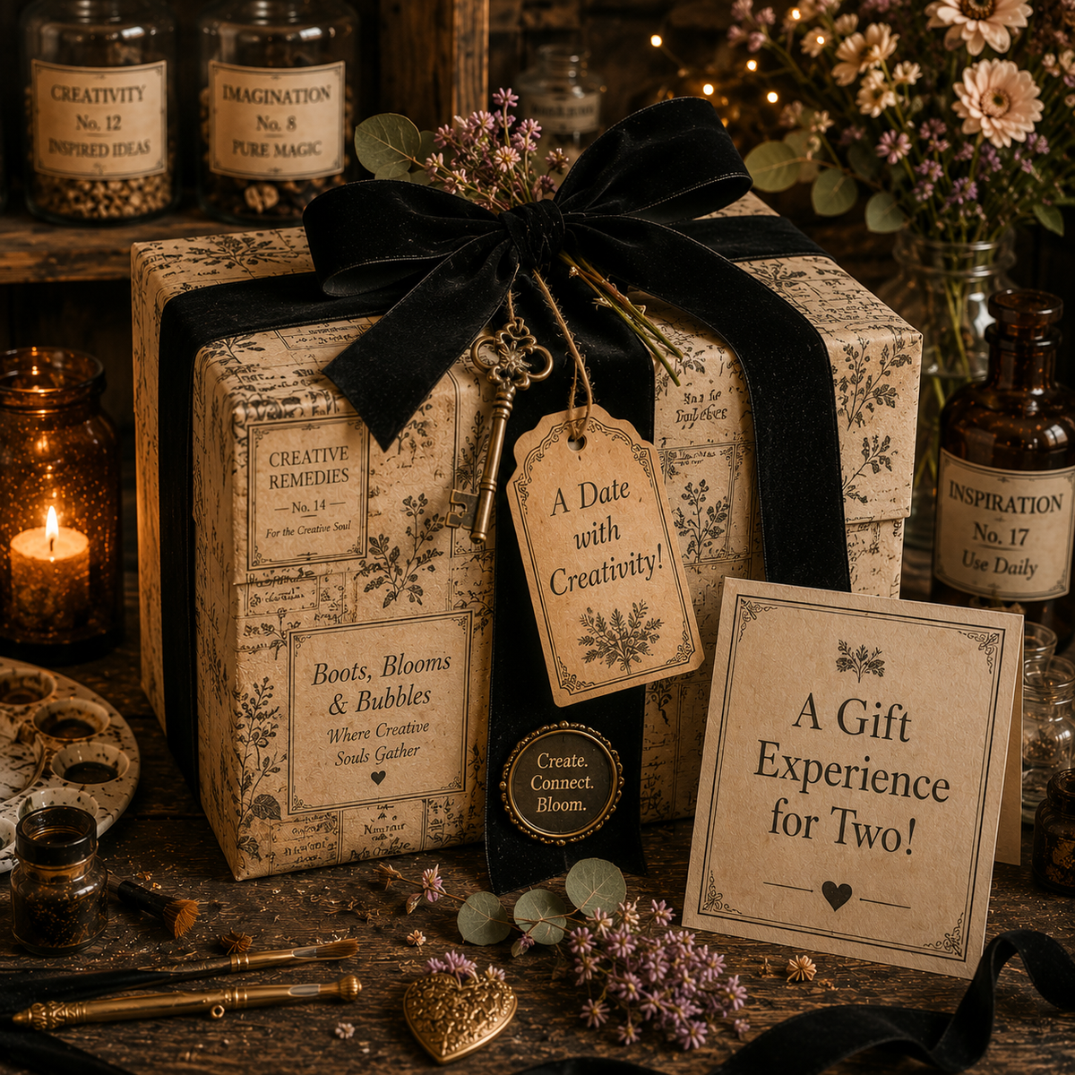 A rustic, cozy gift box wrapped in beige floral-patterned paper with a large black velvet ribbon and hanging vintage-style key charm. A printed card reading 'A Gift Experience for Two!' sits beside it on a wooden surface, surrounded by candles, bottles, flowers, and decorative props.