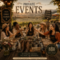 Promotional graphic for 'Private Events' featuring a group of five women laughing and toasting around a table at an outdoor rustic event venue. The scene includes decorative signs, string lights, and a warm sunset sky in the background.