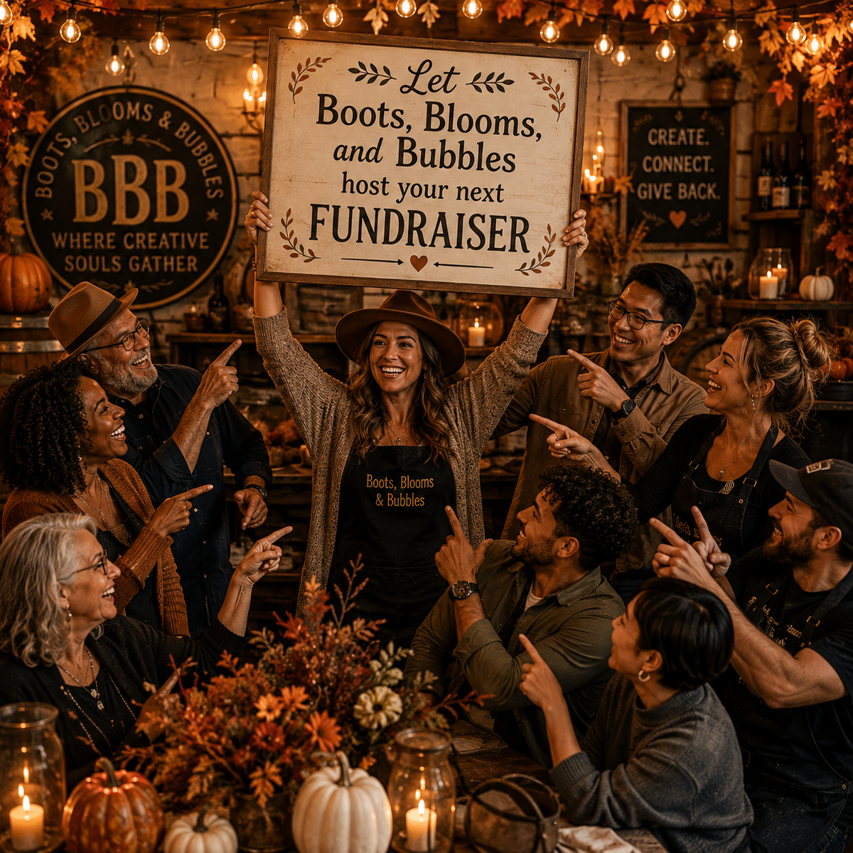 A diverse, intergenerational group smiles and points toward a woman holding a sign that reads, “Let Boots, Blooms, and Bubbles host your next fundraiser.” The warm fall setting features vintage décor, autumn colors, soft café lights, and a welcoming creative gathering atmosphere.