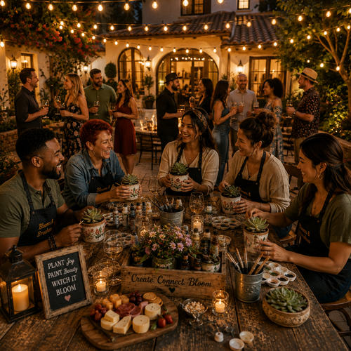 A group of people gathered around a rustic wooden table at an outdoor evening event, wearing matching black aprons and holding small potted succulents. The table is decorated with candles, charcuterie boards, and a sign that reads 'Plant Joy Paint Watch It Bloom'.