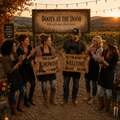 A group of six people standing outdoors in a vineyard at sunset, wearing aprons that read 'Boots at the Door' and holding a large sign that says 'HOWDY WELCOME'.