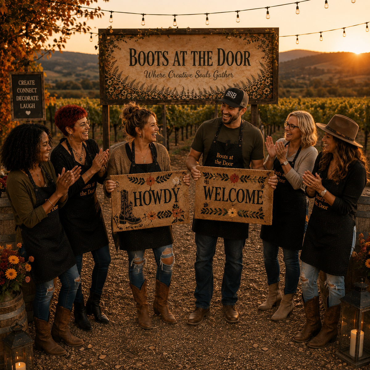 A group of six people standing outdoors in a vineyard at sunset, wearing aprons that read 'Boots at the Door' and holding a large sign that says 'HOWDY WELCOME'.