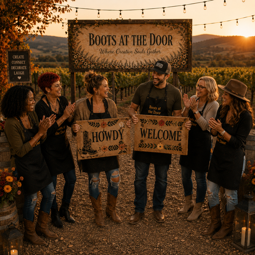 A group of six people standing outdoors in a vineyard at sunset, wearing aprons that read 'Boots at the Door' and holding a large sign that says 'HOWDY WELCOME'.