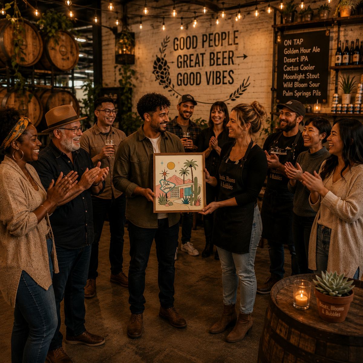 A group of people in a warmly lit bar or brewery setting, clapping and celebrating while a man holds up a framed colorful artwork featuring a beach house and palm trees. A large wall sign reads 'GOOD PEOPLE GREAT BEER GOOD VIBES,' and beer barrels and hanging lights are visible in the background.