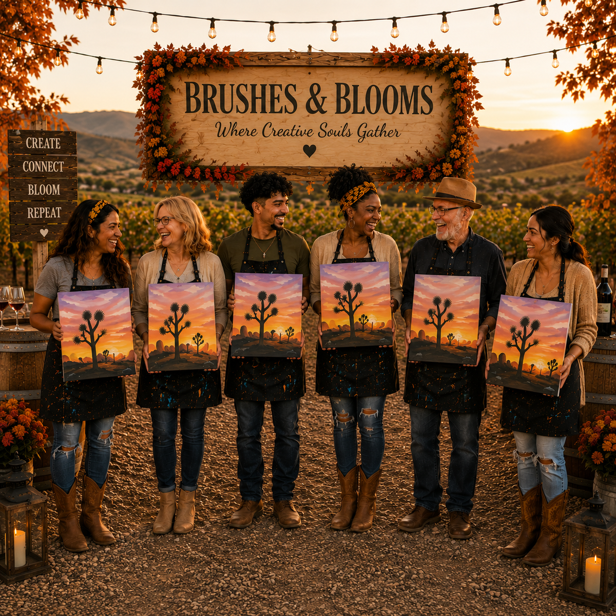Six people standing outdoors at sunset holding square paintings of a desert sunset with a silhouetted tree, under a wooden sign that reads 'Brushes & Blooms Where Creative Souls Gather.'.
