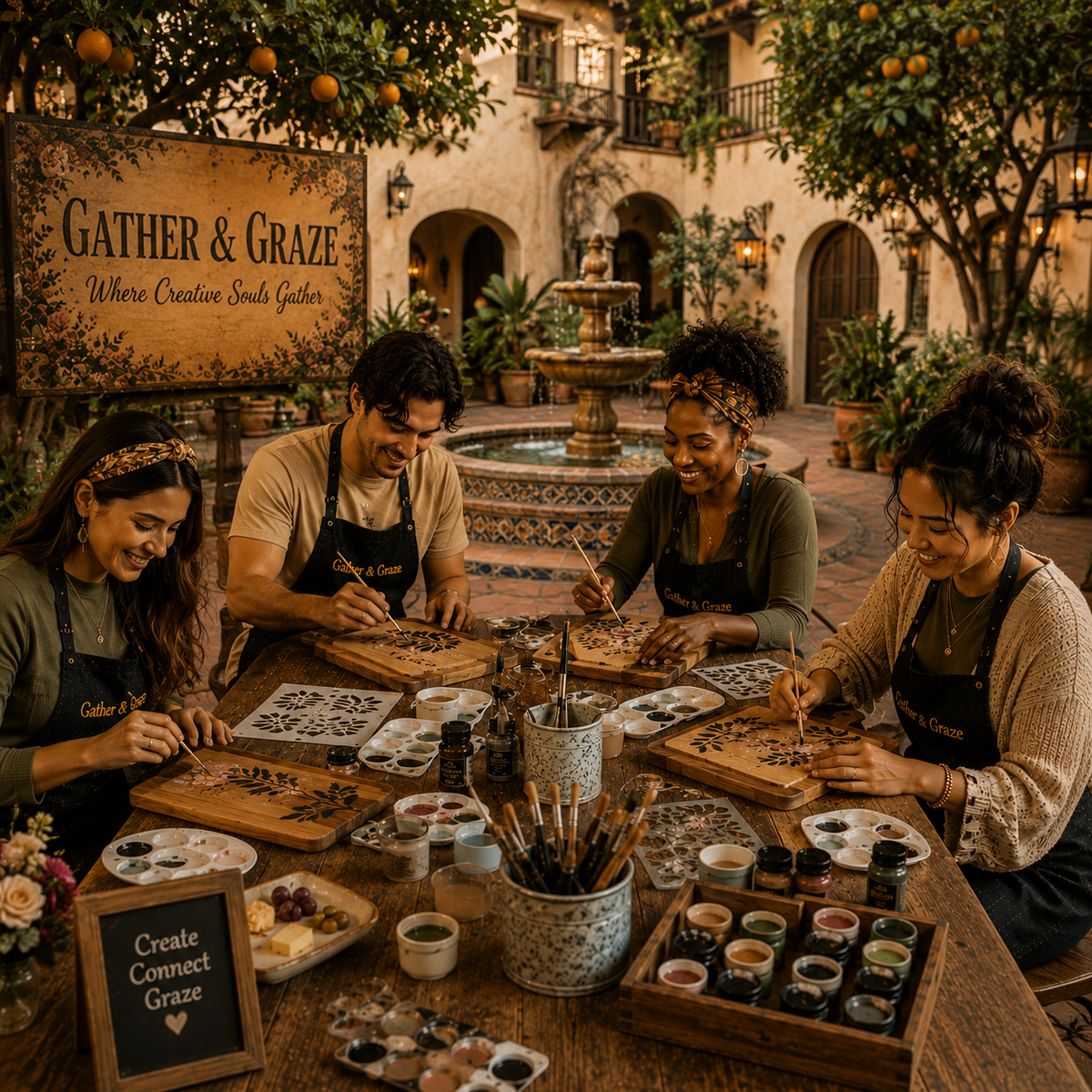 Four people wearing matching black aprons with 'Gather & Graze' written on them are engaged in a pottery painting class in a warm, rustic courtyard. The scene is decorated with oranges, potted plants, and a fountain in the background, creating a highly inviting and cohesive atmosphere.