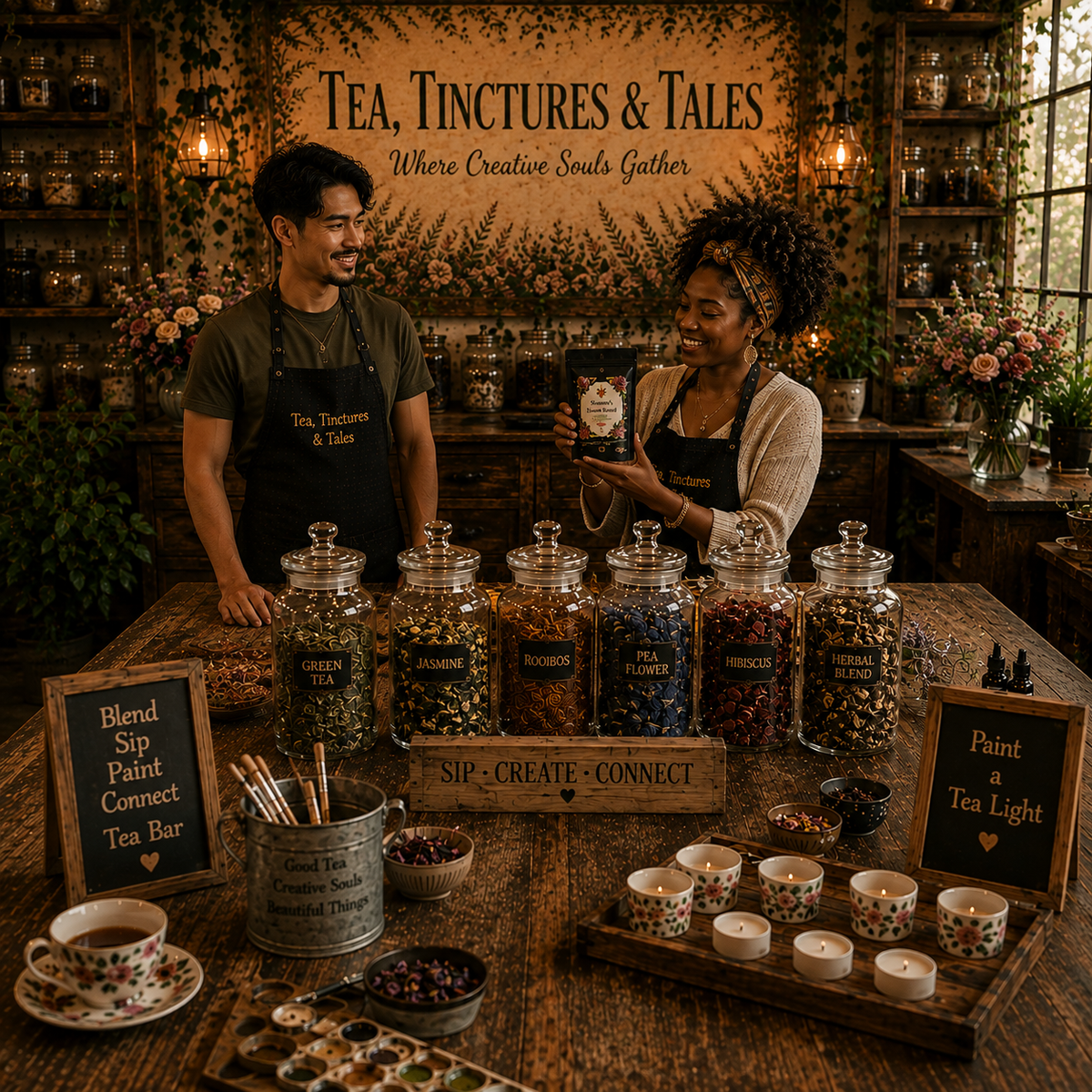 A man and woman wearing matching black 'Tea Tinctures & Tins' aprons stand behind a rustic wooden counter filled with glass jars of loose tea and herbs, cups, and small tea lights in a warmly lit shop interior.
